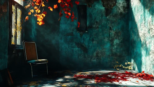 Rustic teal room holds solitary chair under autumn light.