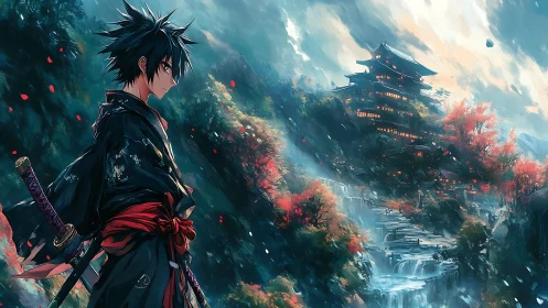 Samurai overlooks misty temple above cascading falls.
