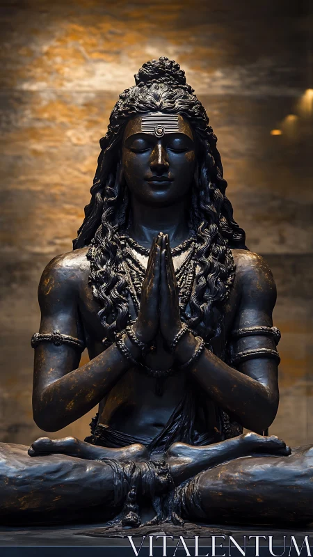 Bronze seated deity statue holds prayer pose in meditation