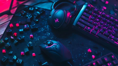 Neon-lit gaming headset, mouse and keyboard on dark desk.