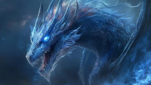 Majestic ice dragon roars with glowing eyes in swirling mist
