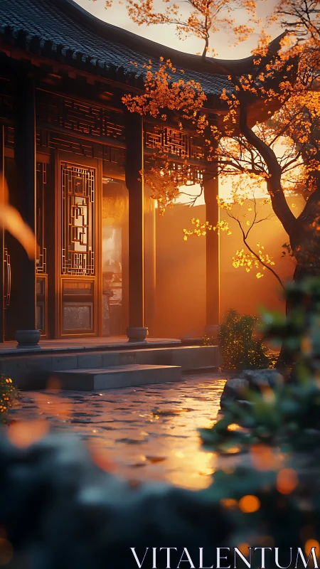 Golden sunset glow around a peaceful traditional courtyard.