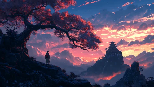 Twilight wanderer beneath crimson tree facing distant temple.