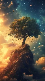 Solitary tree on rocky peak under cloud and star field.