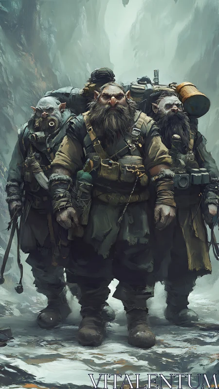Stout dwarven travelers stride bravely through a frozen pass