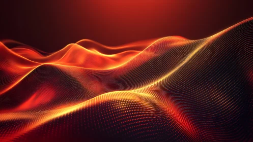 Luminous red data waves curve across dark digital landscape