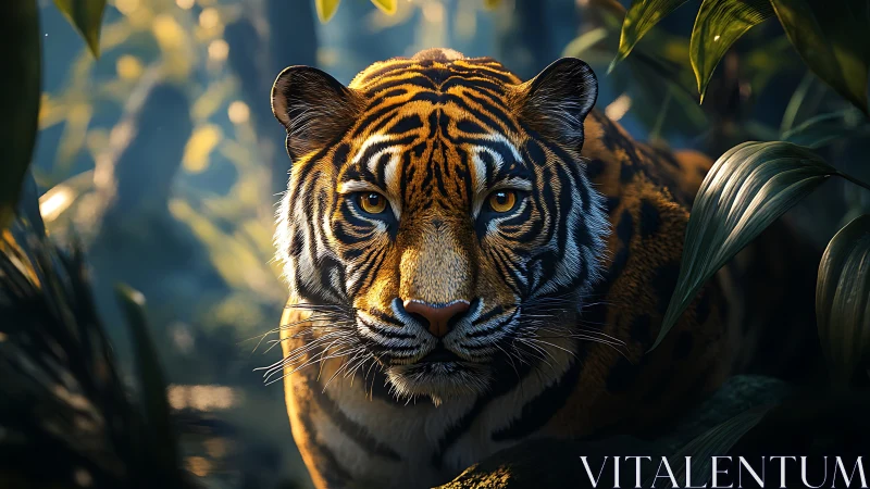 Golden-eyed tiger resting quietly in sunlit jungle shadows.