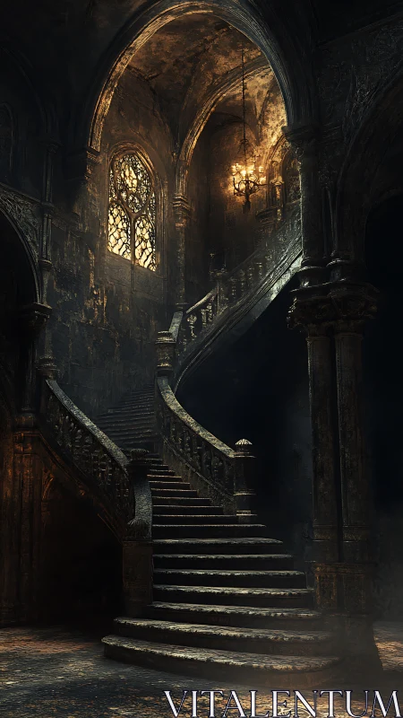 Silent grand staircase glowing with warm haunted light.