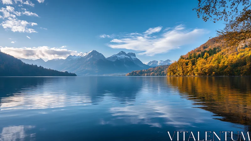 Mountain lake reflects autumn forest under clear blue sky