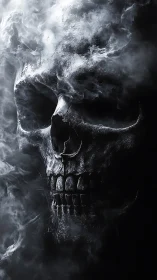 Human skull emerging in dense swirling smoke on black background.