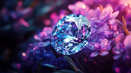 Brilliant cut gemstone in neon bokeh floral macro lighting study