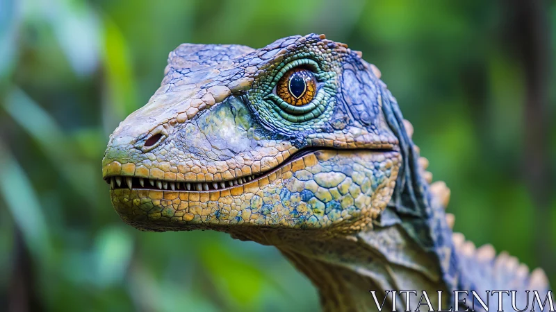 Curious blue-green dinosaur gazes through lush jungle light.