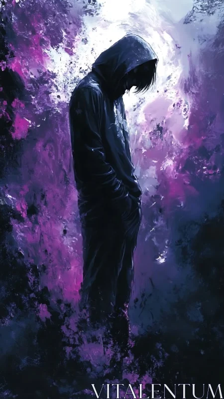 Hooded solitary figure in dark purple abstract haze.