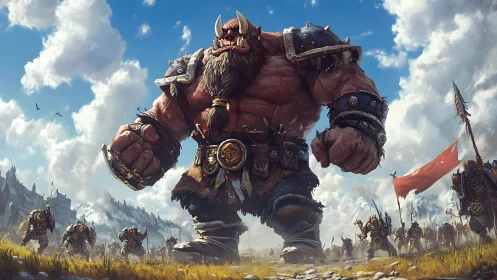 Giant armored orc warlord leading a battlefield march.