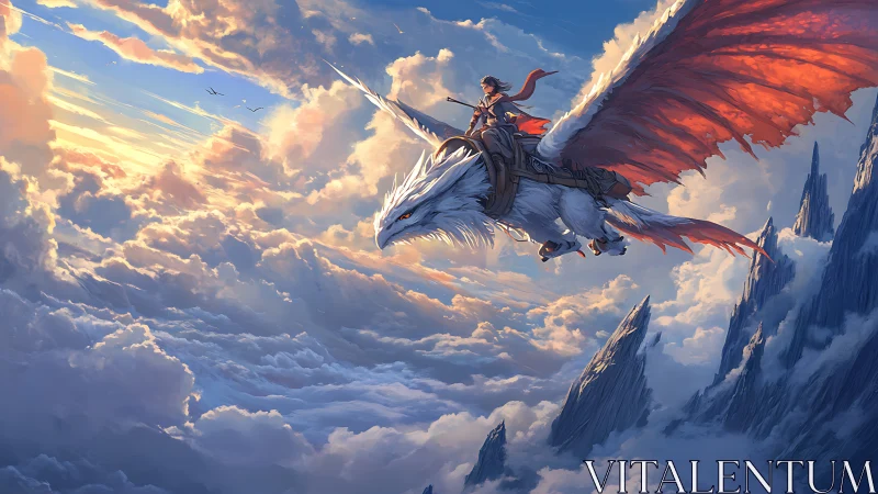 Skyborne rider on white dragon above luminous cloud spires.