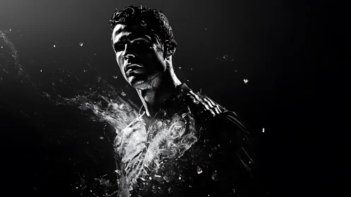 Monochrome digital portrait of football player in motion.