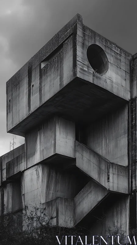 Brutalist concrete structure shows weathered geometric forms