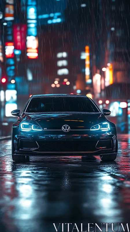 Sporty black car dominates neon city street in heavy rain