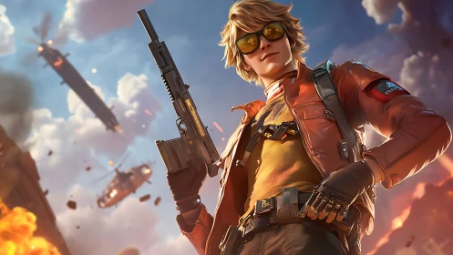 Confident mercenary dominates blazing aerial warzone.