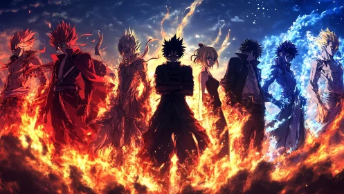 Elemental anime squad framed by symmetric fire and ice lighting dynamics