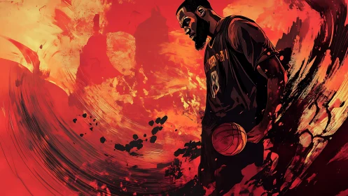 Basketball player in fiery abstract environment rendered graphically
