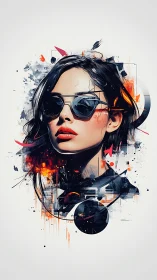 Vector-splashed female portrait with optical-reflective sunglasses.