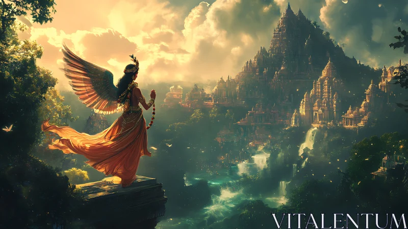 Winged robed figure overlooking terraced temple landscape.