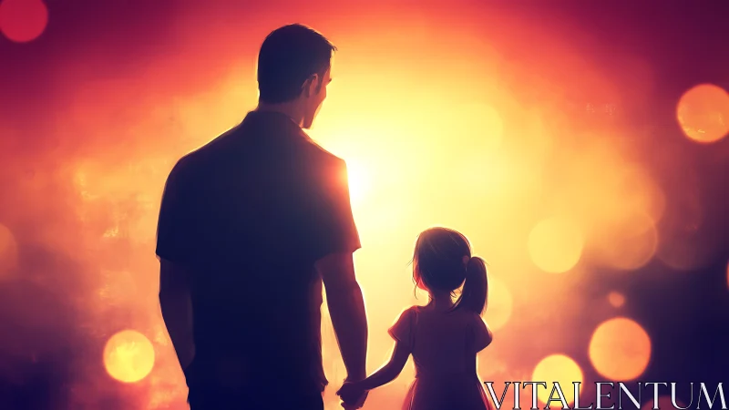 Silhouetted adult and child against bright abstract sunset.