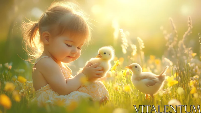 Toddler holds fluffy chicks in warm backlit meadow scene
