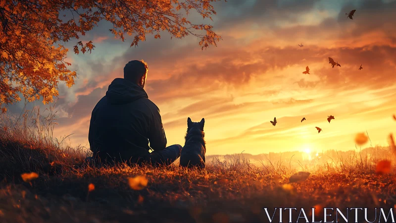 Quiet autumn sunset shared by man, dog, and drifting birds.