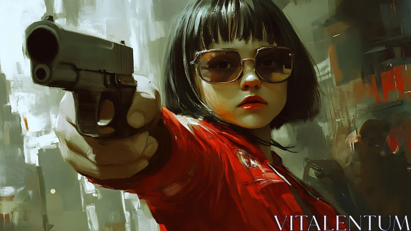 Young girl in red jacket aiming semi-auto pistol at viewer