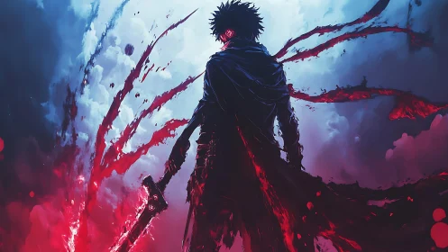 Shadow warrior amid crimson energy in stormlit skyscape.