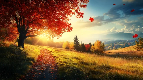 Backlit autumn tree frames sunlit path across layered valley