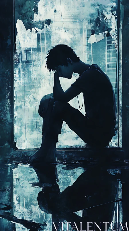 Silhouetted boy sits in blue ruin, lost in quiet sorrow