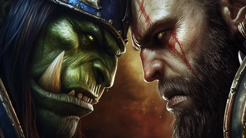 Warrior and orc locked in intense cinematic standoff.