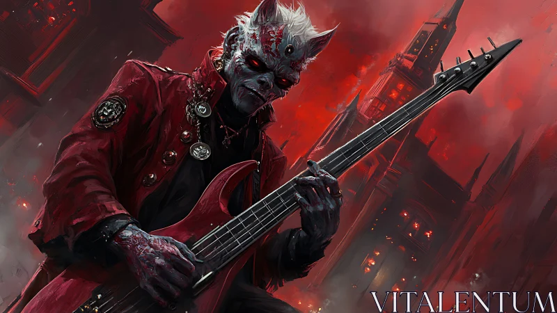 Demon bass virtuoso shredding under a blood red skyline.
