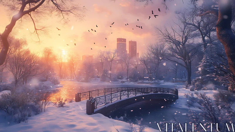 Snowy city park bridge glows under a soft winter sunrise