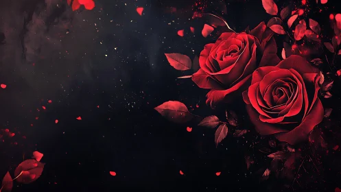 Red Roses Against Black Background with Particle Effects.