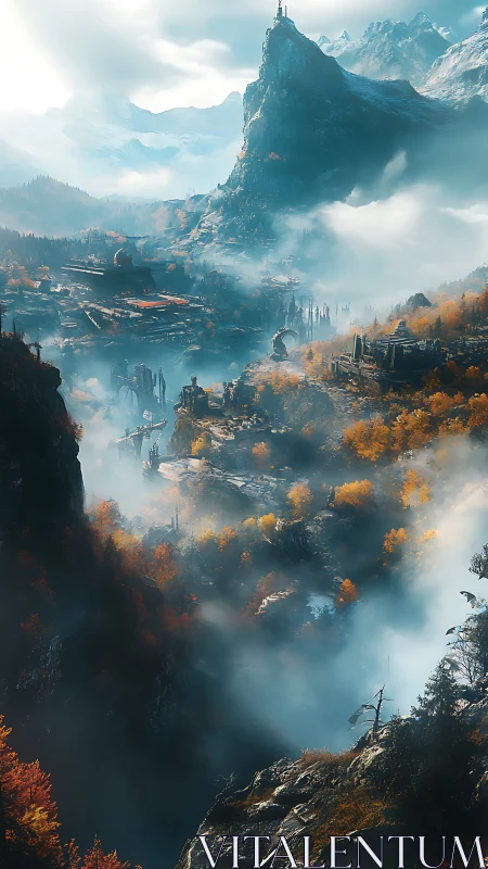 Misty mountain citadel overlooks vast autumnal valley below.