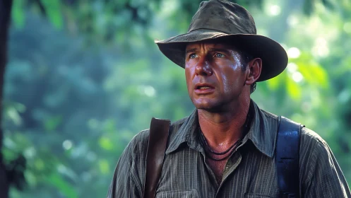 Explorer in rugged jungle attire under diffused green backlight