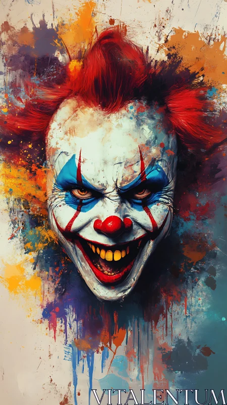 Sinister clown portrait bursts from chaotic paint splashes