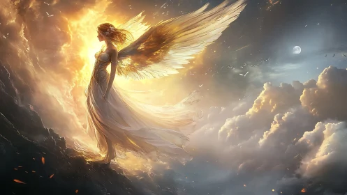 Winged female figure in luminous sky over cloud bank.