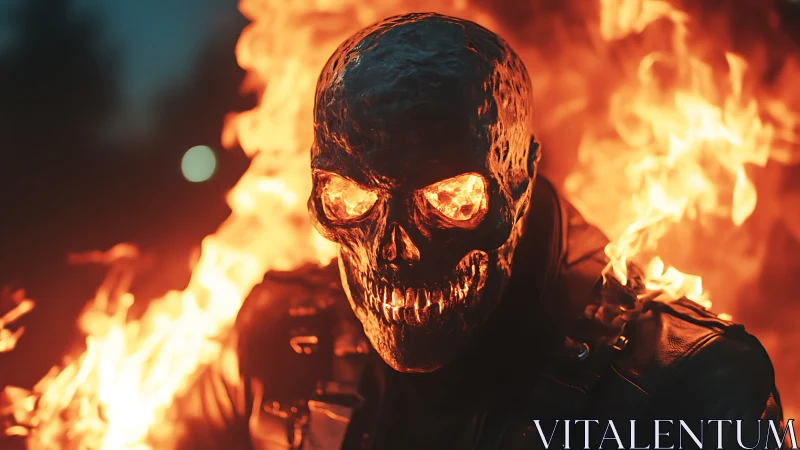 Flaming skull rider in leather jacket against dark backdrop.