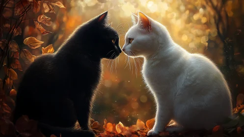 Opposing feline profiles illuminated in autumnal setting.