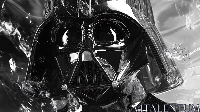 Gleaming dark helmet amid swirling silver reflections.