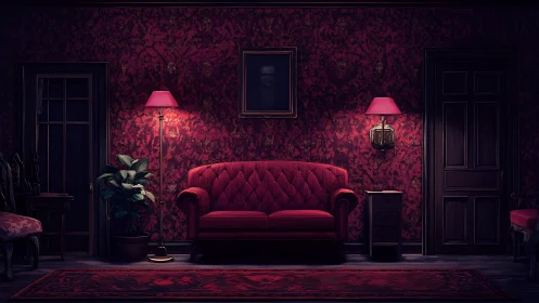 Dimly lit red parlor shows central sofa, doors and lamps