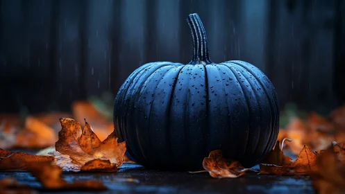 Midnight blue pumpkin with raindrops on wet autumn leaves.