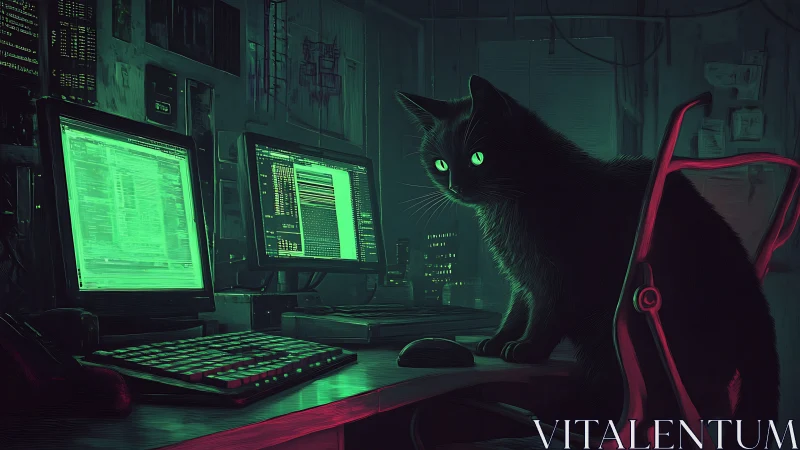 Neon-eyed hacker cat guards a midnight cyber command den.