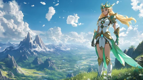 Fantasy warrior heroine in luminous alpine vista composition.