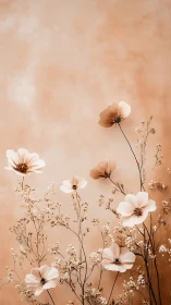 White and tan cosmos flowers arranged against warm beige background
